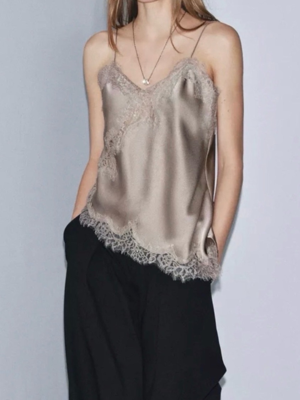 Zara Taupe Satin Lace Camisole
